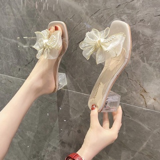 Zapatos De Mujer Transparentes De Tacón Grueso Con Perla