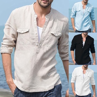 manga larga cuello de pie color sólido cuello v bolsillos jersey hombres camisa de playa para vacaciones