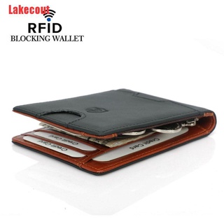 Lakecout - cartera de cuero genuino para hombre, diseño de bloqueo RFID, Clip de dinero