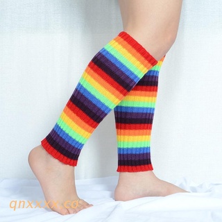 qnxxxx mujeres longitud de becerro calentadores de piernas arco iris colorido rayas acanalado punto calcetines largos (1)
