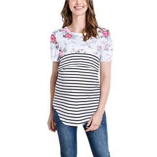 Volan * - *mujeres mamá embarazada lactancia bebé manga corta rayas flor Tops T-shirt