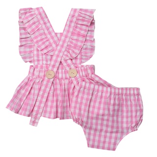 babyya verano niño niñas bebé volantes tops vestido pantalones cortos cuadros trajes conjunto de ropa (2)