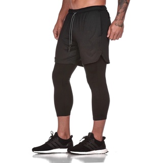 Hombres de secado rápido entrenamiento fitness largo de doble capa toalla ajustada compresión pantalones de trotar