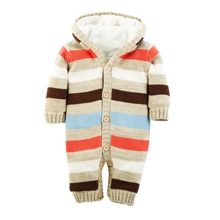 (ASH)Newborn Toddler Baby Boy Winter Jacket Warm Knit Striped Jumpsuit Hooded Sweater (3)