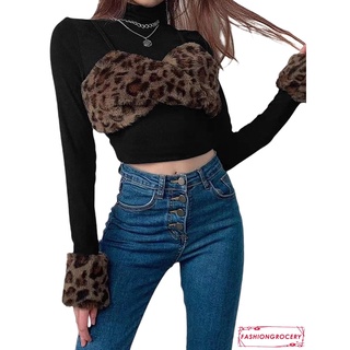 Sweetdream-Mujer Casual manga larga T-shirt moda leopardo costura cuello alto expuesto ombligo Tops