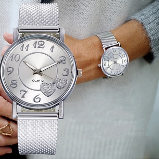 Reloj de señora con correa de malla / Reloj de cuarzo con esfera de patrón de amor de diamante / Reloj de mujer simple de moda