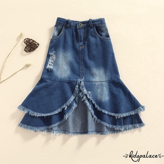 Bbq-Niños Color sólido Midi falda con borlas, niñas cintura media dobladillo Irregular Ripped falda de mezclilla