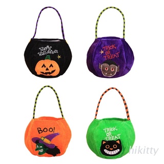 Hik Halloween terciopelo caramelo bolsa niños truco o tratar Goody Tote calabaza gato bruja vampiro bolso de almacenamiento cubo cesta