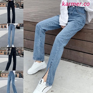 kar2 mujer cintura alta suelta jeans pantalones de mezclilla pierna recta vintage hendidura puños pantalones (1)