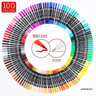 withakiss 100 Colors Paint Marker Brush Pen Dual Tips Fine Point Water Based Art Markers Fineliner Calligraphy Drawing Art Pen Kit