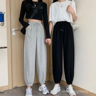 Primavera y verano nuevo estilo tobillo-atado pantalones de mujer de alta cintura recta gris Pantalones deportivos estilo coreano suelto Casual estudiante pantalones recortados de moda