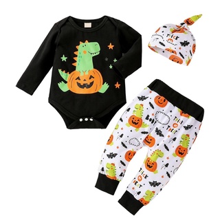 ✩Os❀3pcs bebé Halloween traje, dibujos animados dinosaurio manga larga mameluco + pantalones largos + sombrero para niños pequeños, niñas,
