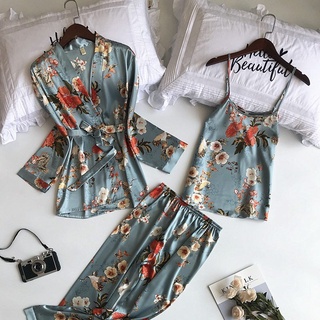 3 piezas de seda de satén pijamas de las mujeres de verano Pijama conjuntos de manga larga Pijama ropa de dormir impresión Sexy pijamas femenino ropa de noche traje