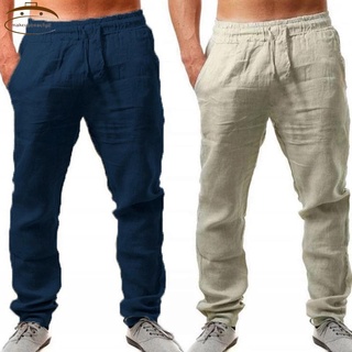 Men Cotton and Linen Trousers Loose Pants Casual Navy M
