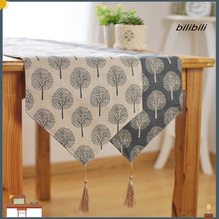 bilibili Tree Pattern Tassel Decoration Linen Tablecloth Party Dining Table Runner Cover