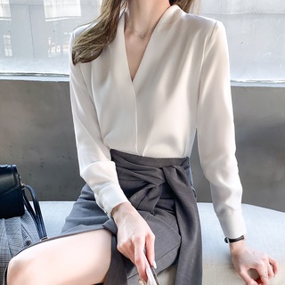 [venta caliente] 2021 primavera nueva versión coreana versátil v-cuello de manga larga temperamento delgado mujer gasa camisa primavera top