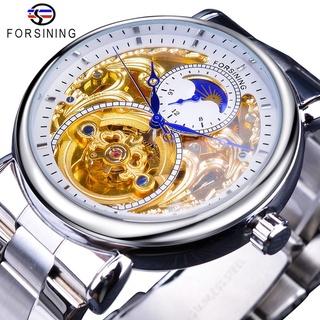 Forsining 2019 Blanco Dorado Esqueleto Relojes De Pulsera Azul Manos Plata Acero Inoxidable Hombres Reloj Mecánico Diseño Impermeable