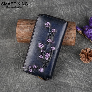 Smart King nueva moda RFID largo monedero para las mujeres de cuero de vaca genuino Retro bolso de embrague Munti-tarjeta posición bolsa de teléfono