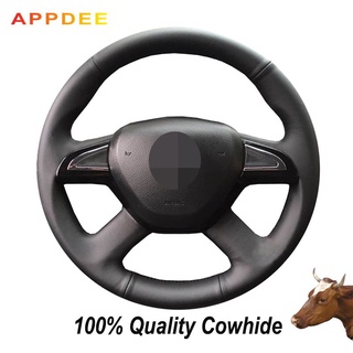 Hand-stitched Black First Layer Real cowhide Leather Steering Wheel Cover for Skoda Yeti Octavia 2015 2016 Fabia 2014 Rapid 2013-2015 Superb 2013