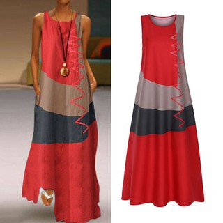 Vestido Maxi para mujer Nvzhuang cuello redondo sin mangas con rayas onduladas/holgada/cuello redondo/raya Colorida/Ondulada