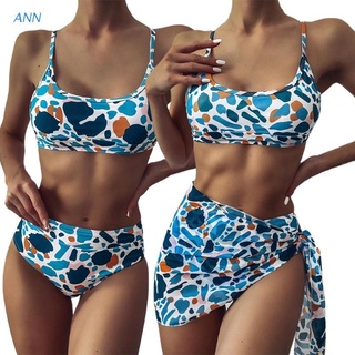 ann 3 piezas conjunto de bikini con falda de playa con estampado de leopardo azul para mujer