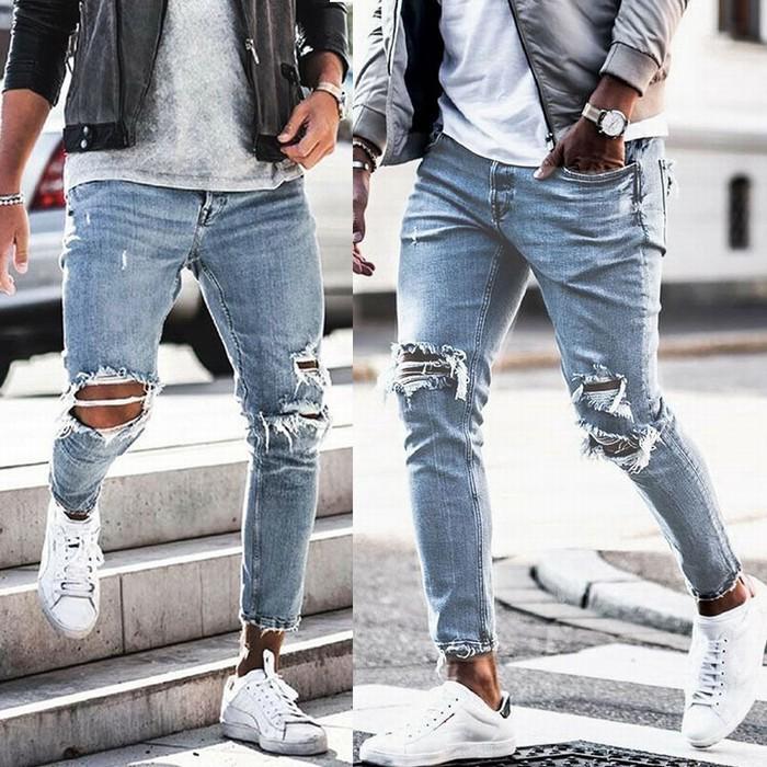 2019 nuevos agujeros angustiados skinny jeans hombres streetwear hip hop ripped jeans para hombres pantalones de mezclilla elegante biker jeans azul