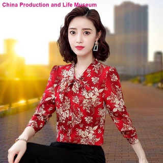 China camisa de gasa roja impreso camisa de las mujeres de manga larga primavera 2021 nueva Bowknot occidental Floral camisa