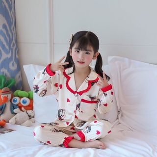 Pijamas de dibujos animados Baju Tidur Remaja Perempuan Simple de manga larga Loungewear de dibujos animados impreso solapa desgaste de sueño transpirable niño de seda de hielo ropa de sueño