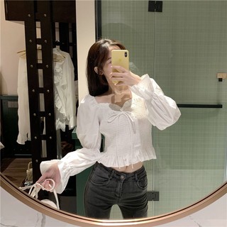 Volantes cuello cuadrado lazo pliegues cintura puff manga corta camisa 2021 otoño nuevo estilo coreano manga larga camisa de las mujeres (6)