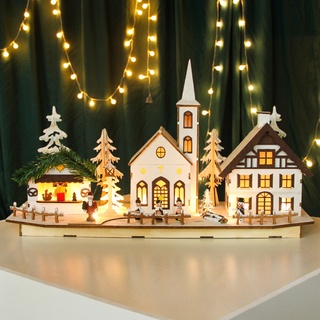 EN Wooden Glowing Christmas House Ornaments Xmas House Desktop Decoration Lights