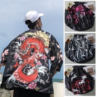 Los hombres de verano Cardigan tipo delgado suelto diferente patrón Kimono túnica de siete puntos de manga estilo Vintage moda Streatwear