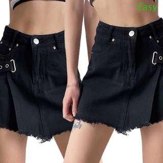 Fácil de las mujeres de cintura alta asimétrica pantalones cortos de mezclilla gótico Punk hebilla de Metal deshilachado dobladillo crudo Harajuku Mini Jeans envoltura falda Skort (1)