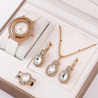 4 Piezas De Reloj De Lujo Para Mujer Correa De Cuero Diamantes De Imitación (Collar/Anillo/Pendientes) (1)