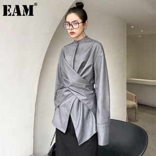 EAM-Blusa de talla grande con nudo Irregular para mujer, camisa holgada de manga larga con cuello levantado, color gris, para primavera y otoño, 2021, 1DD58110