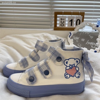 ✔✧Lindos zapatos de lona de nicho de oso, zapatos de tablero para estudiantes femeninos, zapatos de tacón alto con corazón de niña japonesa JK, zapatos blancos con lazo, marea