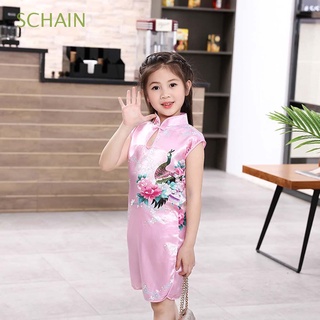 schain slim cheongsam vestido de niños ropa de verano niño vestidos qipao pavo real lindo sin mangas dulce estilo chino vestido tradicional/multicolor