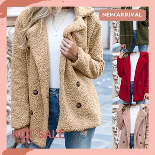 Wt mujeres invierno Color sólido abrigo de forro polar de imitación de manga larga botones chaqueta ropa de abrigo