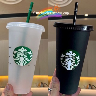 [Proveedor] Starbucks Vaso Botella De Agua Fría Tazas De Plástico Con Tapa Y Paja Negro Taza/Transparente 24 oz