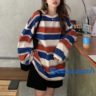 See-mujer Casual manga larga camiseta moda impresión rayas cuello redondo suelto jersey Tops