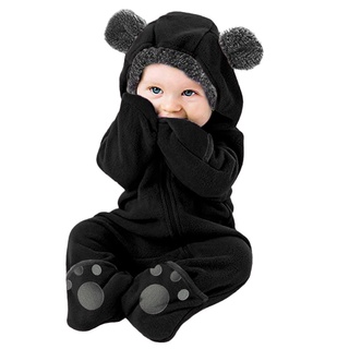 Newborn Infant Baby Girl Boy Bear Ears Footed Hooded Romper Fleece Jumpsuit Coat