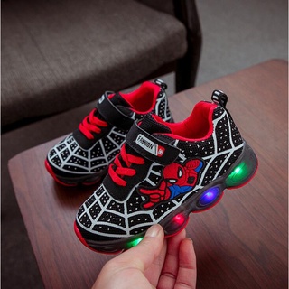 Sapatos infantis luminosos com desenhos animados, tênis de marca da disney para meninos, homem-aranha