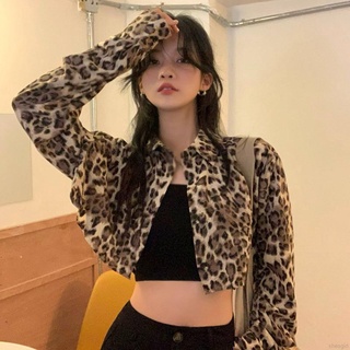 Mujer Otoño Leopardo Impresión Corta Abrigo Exterior Delgado Manga Larga Camisa Top Jecket
