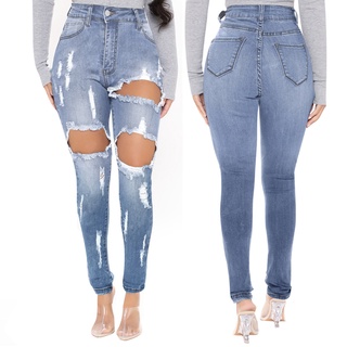 mujer agujero botón cremallera bolsillo jeans casual denim llamaradas ancho pierna slim pantalones (1)