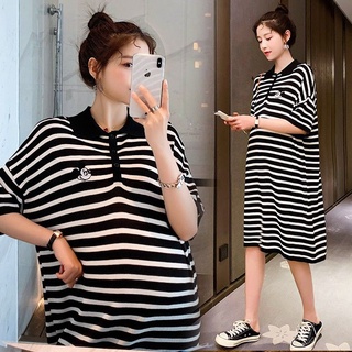 Vestido de maternidad de manga corta con solapa a rayaspoloFalda de moda de media longitud vestido de maternidad de verano ropa superior suelta (1)