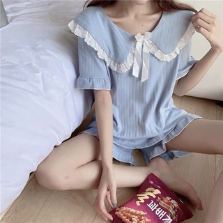 Pijamas de estilo princesa de las mujeres de verano de manga corta traje de dos piezas delgado dulce lindo encaje cuello de muñeca ropa de hogar