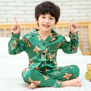 pijamas de los niños para niño casual de manga larga camisón logotipo impreso solapa camisón absorbe la humedad unisex para niñas y niños satén seda dormir desgaste