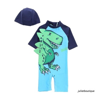 jul: traje de baño anti-uv con dinosaurio impreso verde gorra de natación de manga corta de secado rápido niños bebé niños mono jersey de buceo