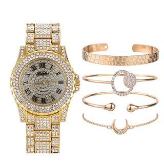 Moda hip-hop lujo de diamantes relojes de cuarzo cronometrado de estilo romano y conjuntos de pulseras - 5 juegos / conjunto