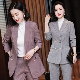 Manga larga doble botonadura a cuadros traje de las mujeres abrigo de oficina señora traje esteticista ropa de trabajo ropa de negocios