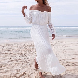 Verano Moda Vestido Largo Mujer Blanco De Playa
